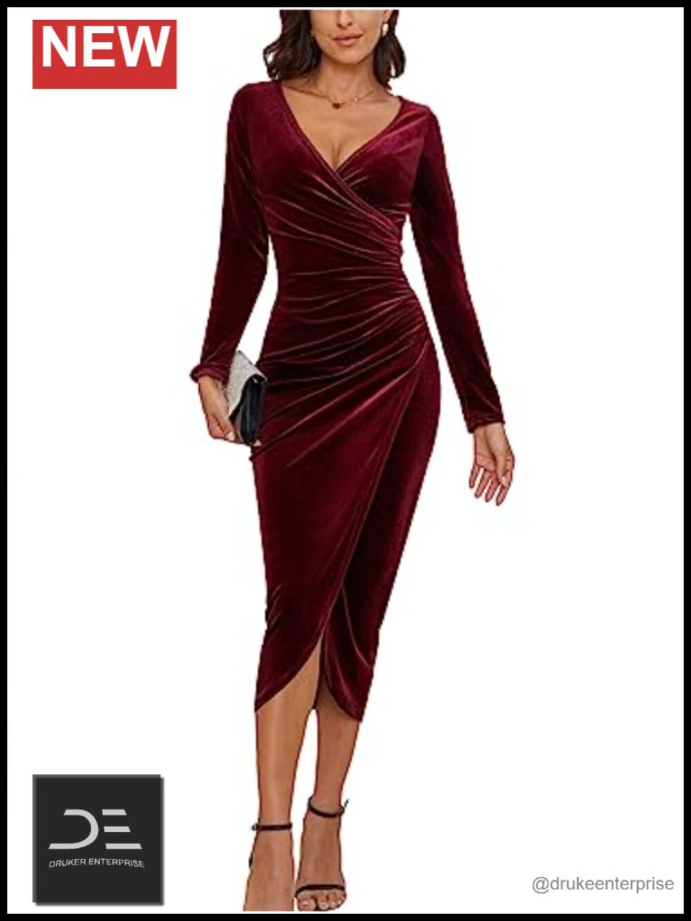 Women's V Neck Wrap Velvet Long Sleeve Maxi Dress Slim Fit Ruched Bodycon